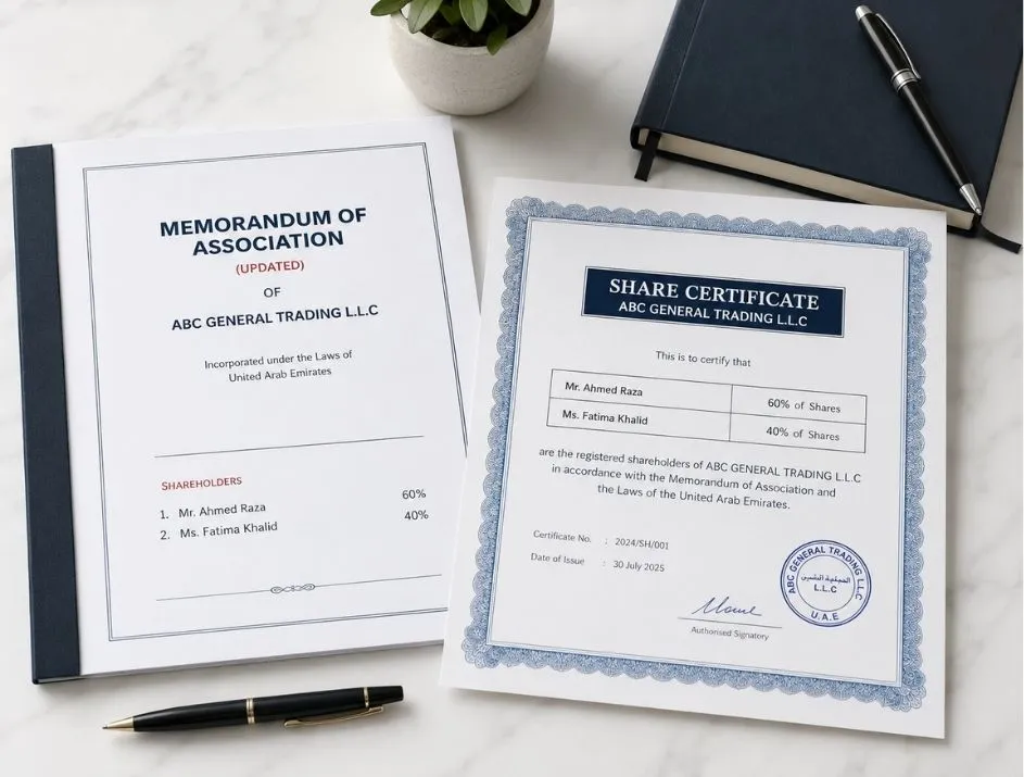 Share transfer documents — updated MoA and share certificate after UAE company ownership transfer by Modest Consulting Services